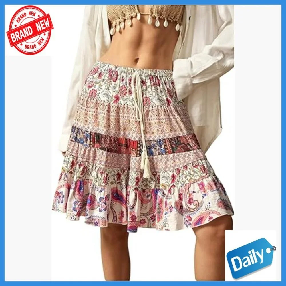 Boho Paisley A-Line Skirt Tie Front Flowy Summer Casual Knee-Length